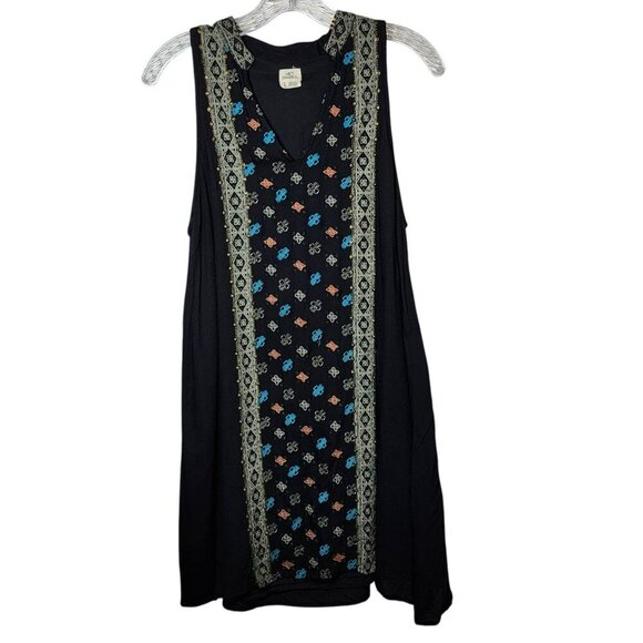 O'Neill Black Sleeveless Dress L Boho Embroidered Beaded Trim 33" Long Cotton Li - Picture 9 of 9